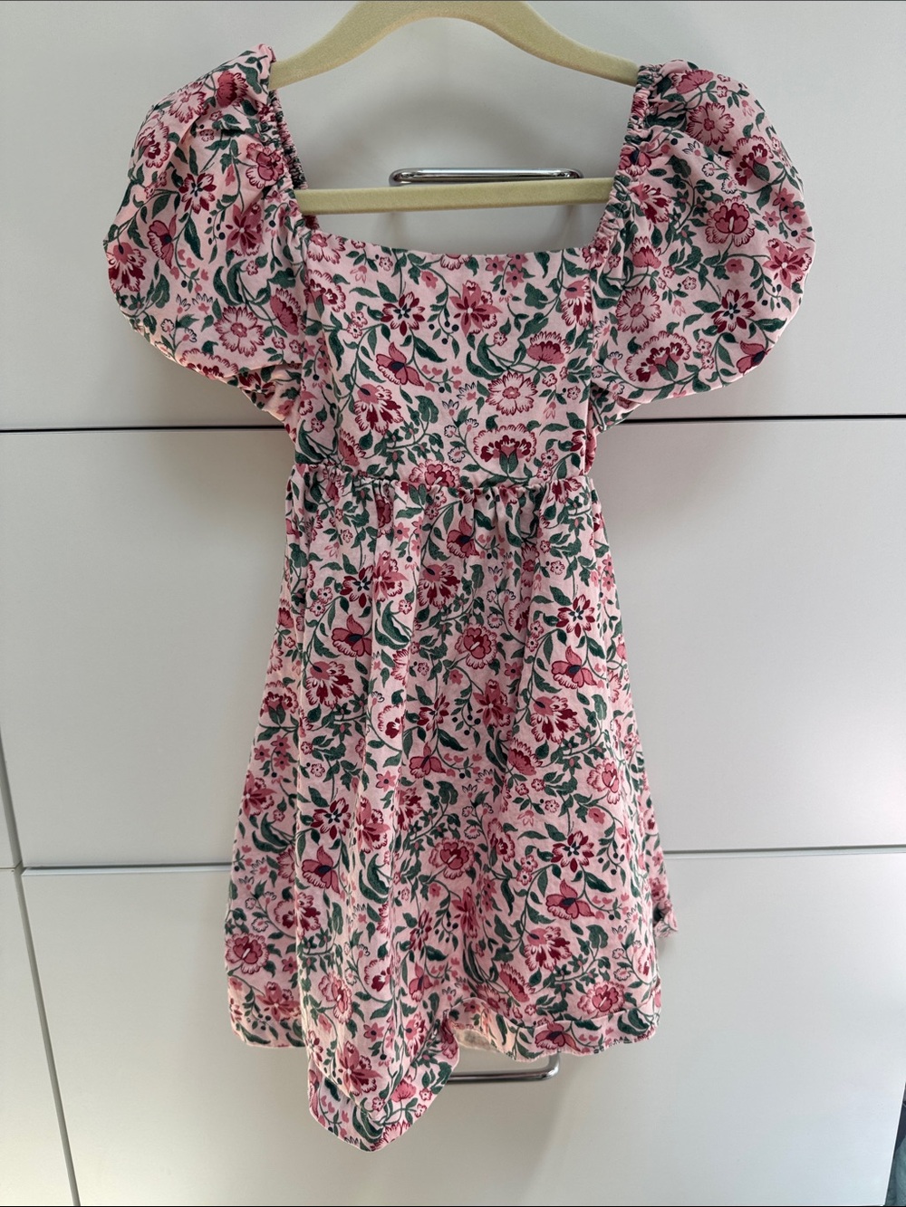 Nordstrom Pink Floral Puff-Sleeve Dress with Green Leaves